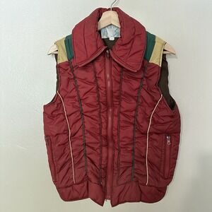 Vtg 70s Puffer Alpine Ski Color Block Puffer Vest Size Small Red Tan Blue Snap